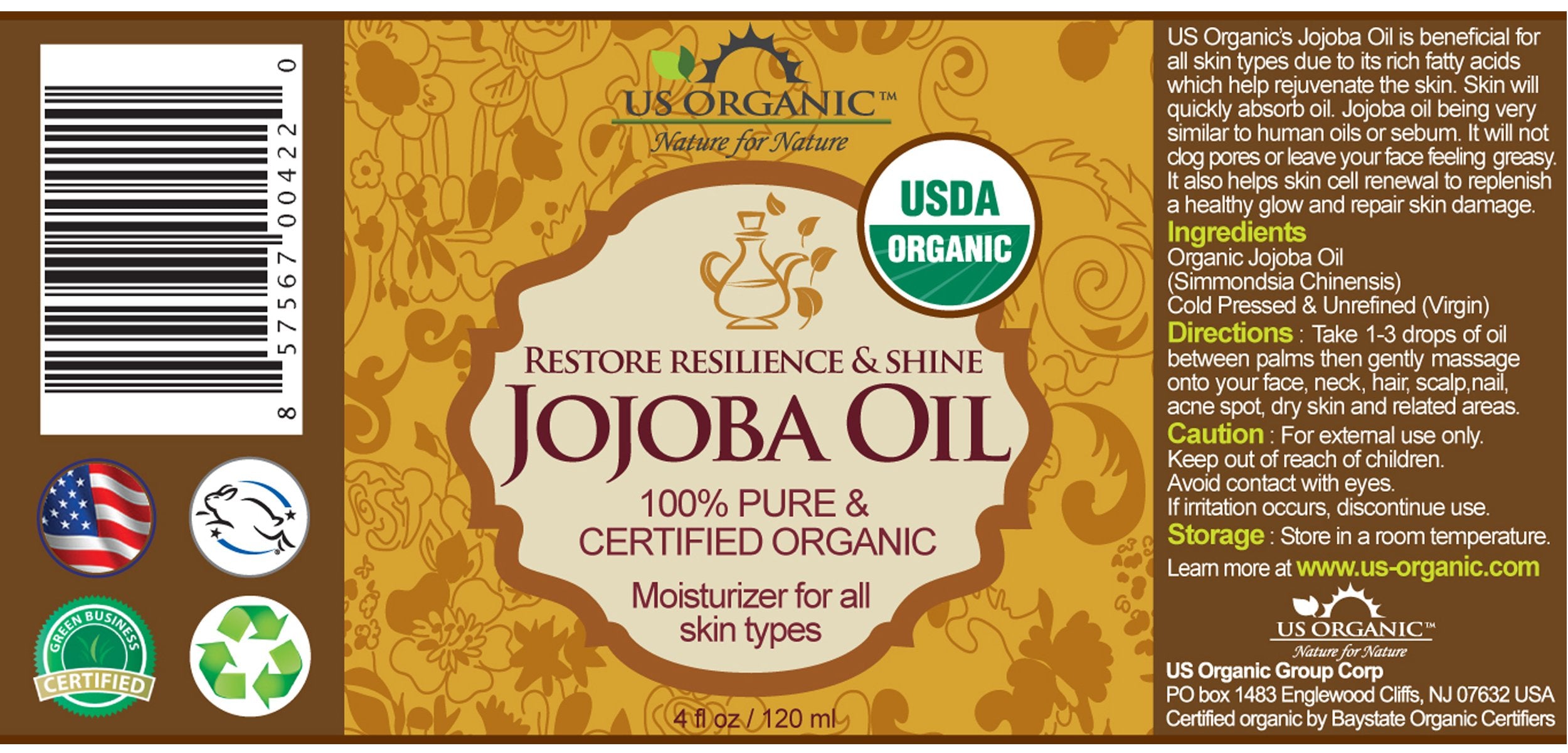 US Organic jojoba oil golden texture close-up highlighting quick absorption benefit