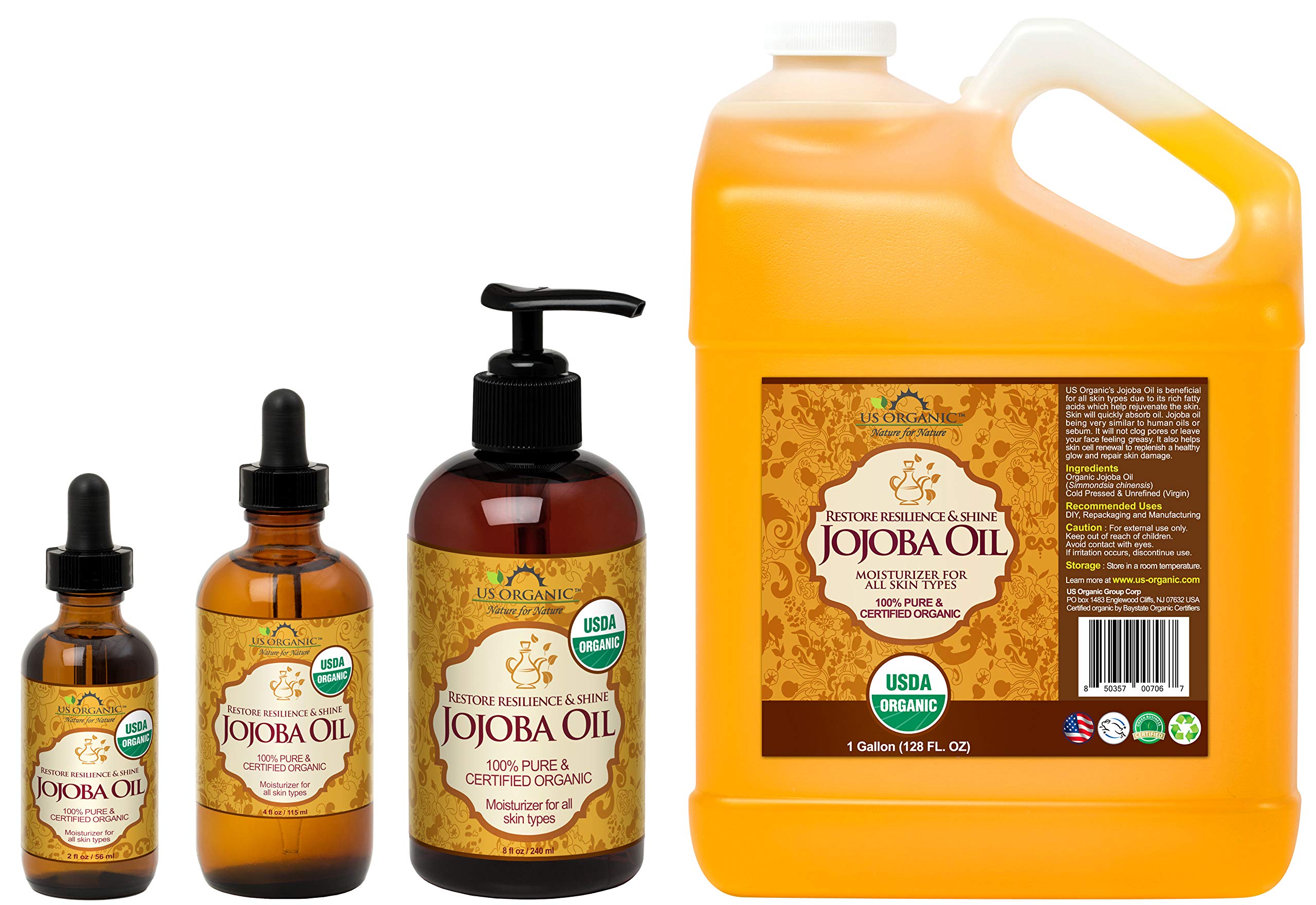US Organic jojoba oil size comparison with 4oz bottle for scale and value benefit