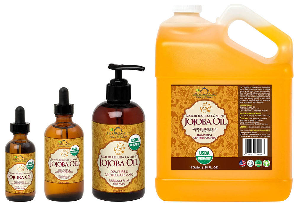 US Organic jojoba oil size comparison with 4oz bottle for scale and value benefit