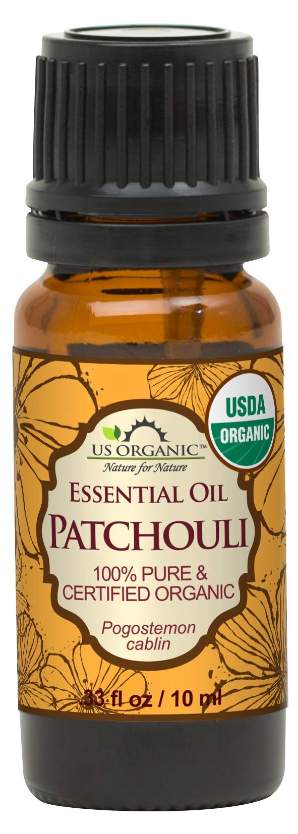 US Organic front bottle showing patchouli oil and branding for pure organic product