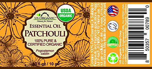 US Organic label close-up displaying USDA organic certification and Pogostemon cablin