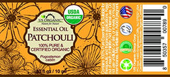 US Organic label close-up displaying USDA organic certification and Pogostemon cablin