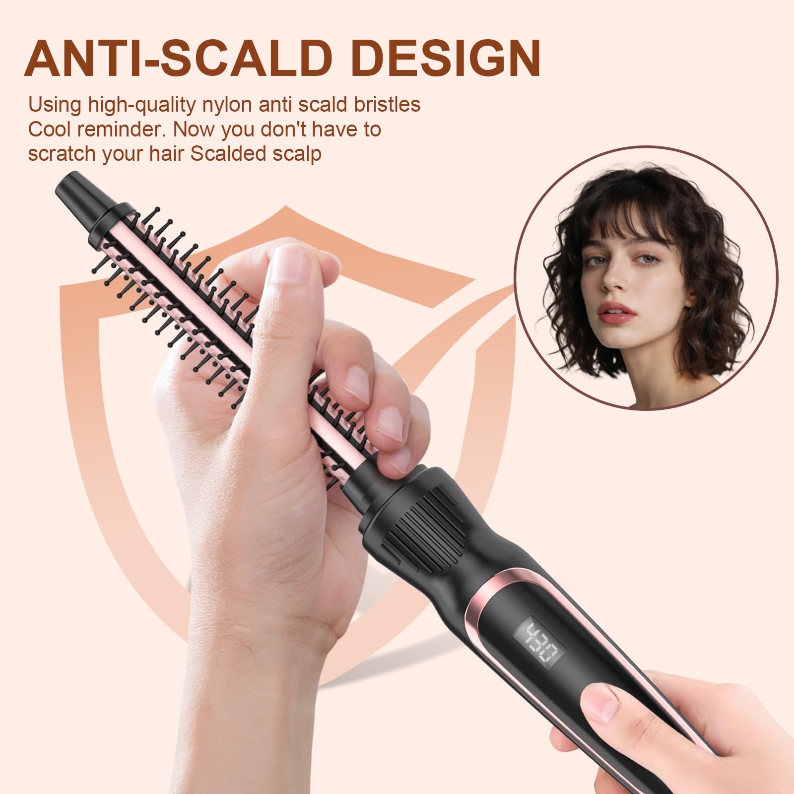 USHOW close-up of nylon anti-scald bristles and ceramic barrel, smooth heat contact