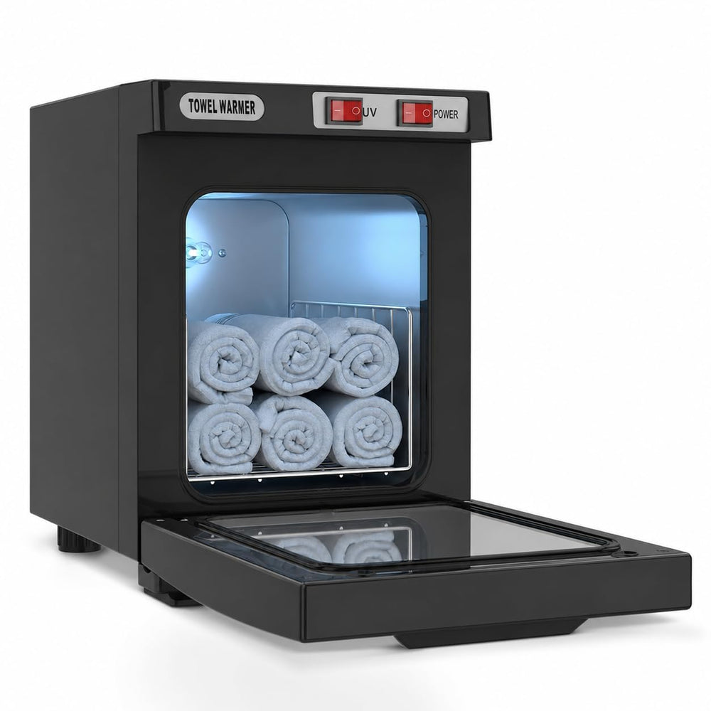 Utenzi front view of black towel warmer showing compact design and benefit of space saving