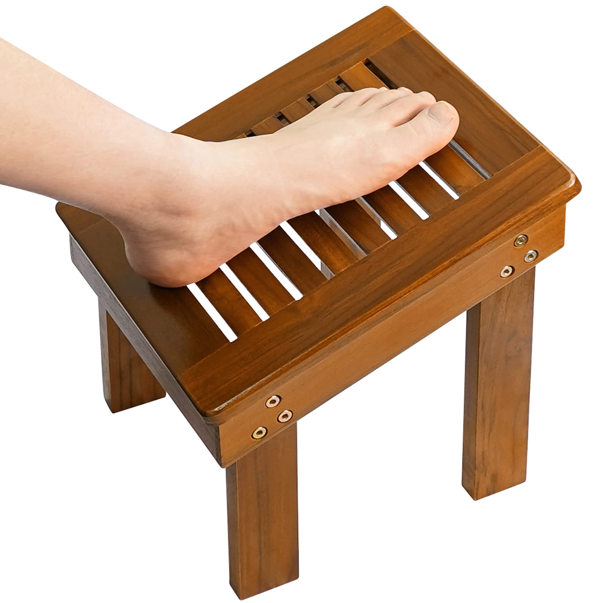 Utoplike teak front view showing compact shaving platform and stability