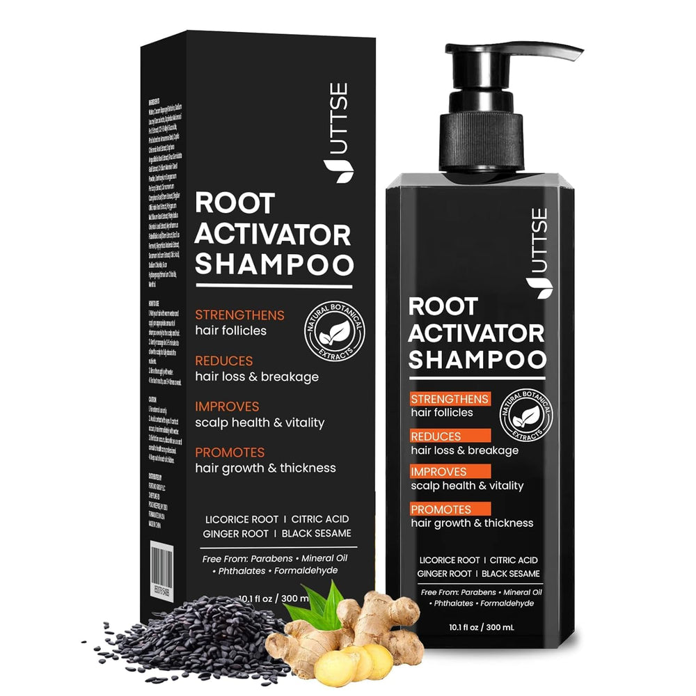 Uttse shampoo on bathroom shelf suggesting daily grooming routine