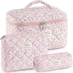 UUYUUY front view of pink floral three-piece set shows organized beauty storage