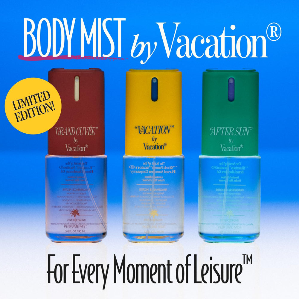VACATION ingredients display with coconut and pineapple suggesting tropical, creamy notes