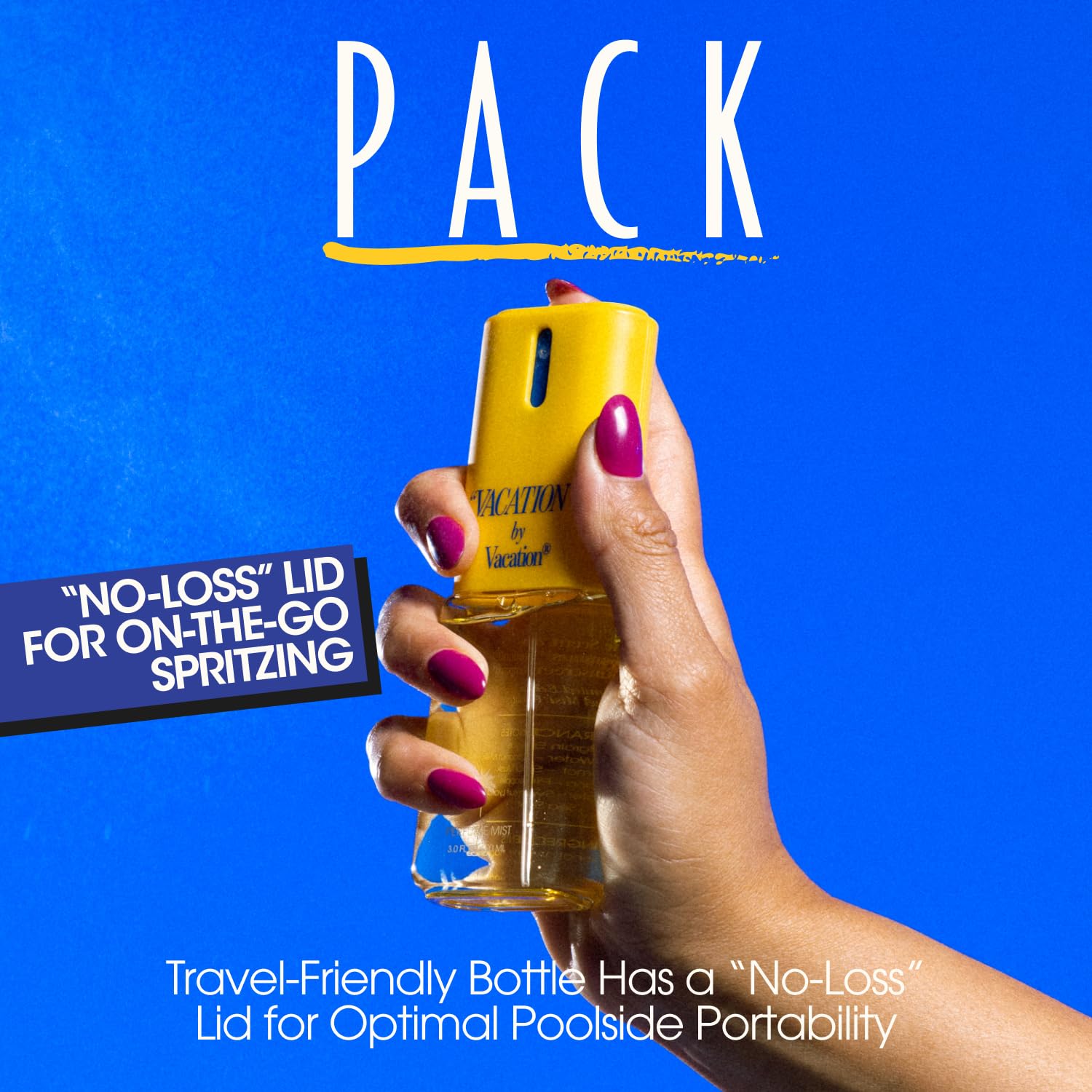 VACATION bottle on beach towel evoking sunny, sunscreen-like aroma and relaxed benefit