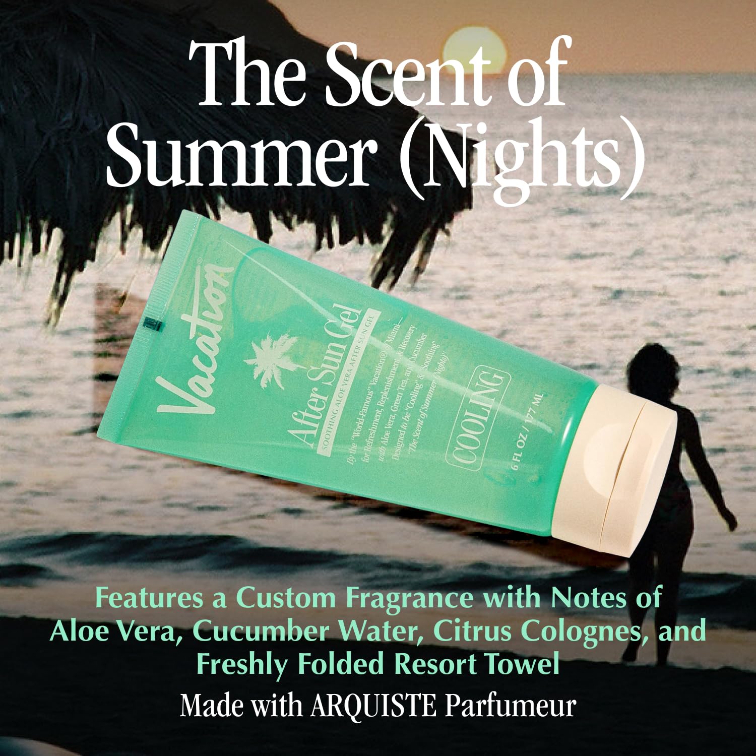 VACATION bottle label detail highlighting ingredients and scent