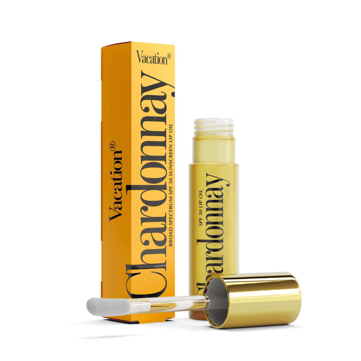 VACATION Chardonnay lip oil front packaging showing SPF 30 protection and compact tube