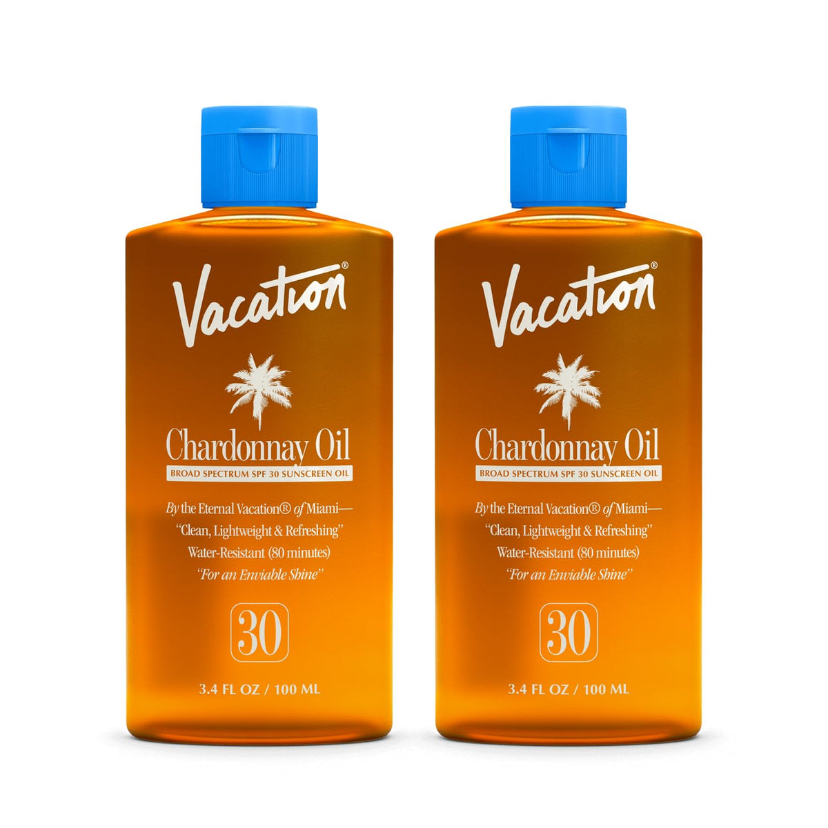 VACATION front packaging showing two travel bottles and benefit of portable SPF