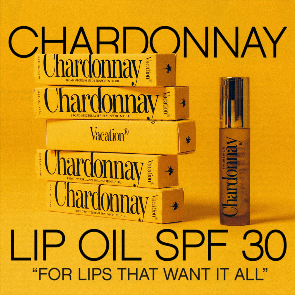 VACATION Chardonnay lip oil texture close-up highlighting glossy, non-sticky finish