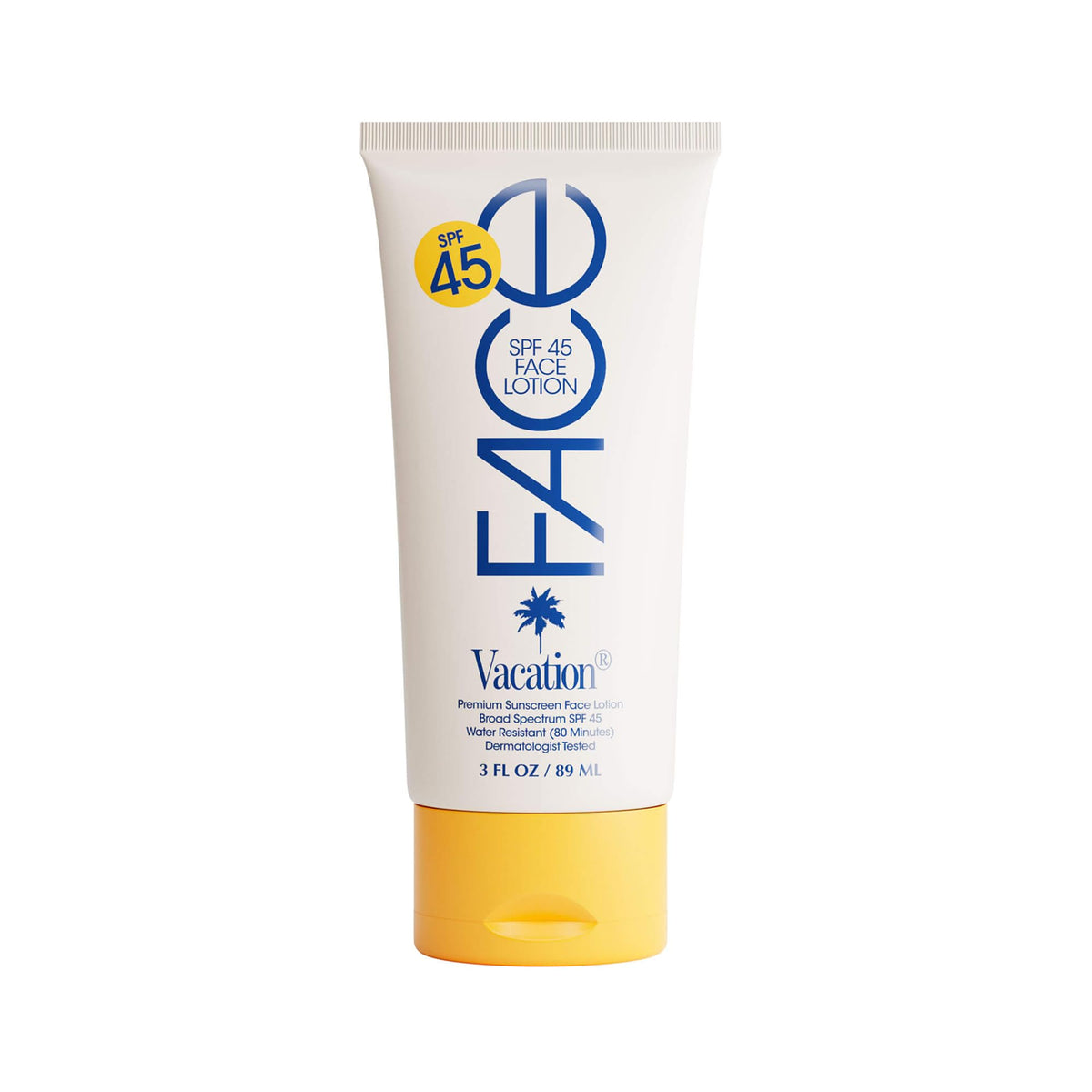 VACATION front bottle view showing clean SPF 45 packaging and easy-use benefit