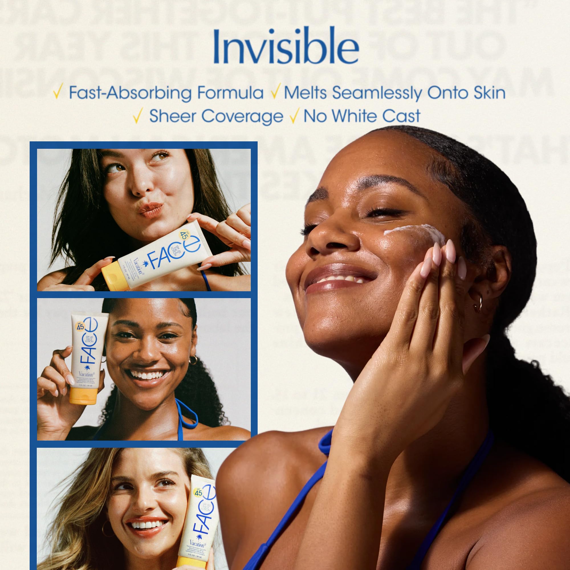 VACATION ingredients label highlighting hydrating antioxidants and skin-friendly formula