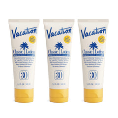 VACATION bottle front packaging showing SPF 30 and travel size benefits