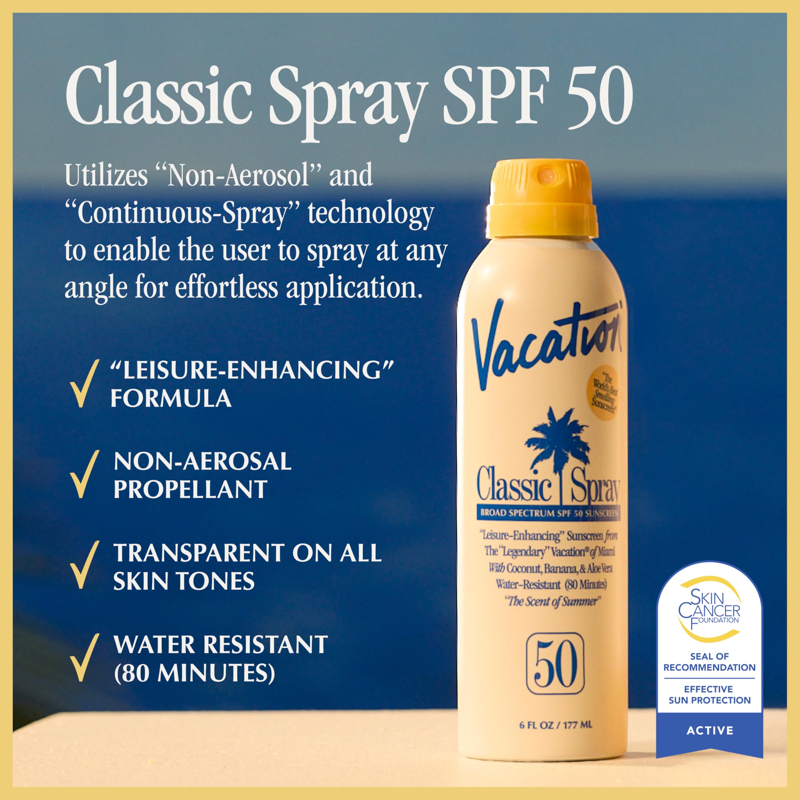 VACATION nozzle close-up highlighting continuous non-aerosol spray