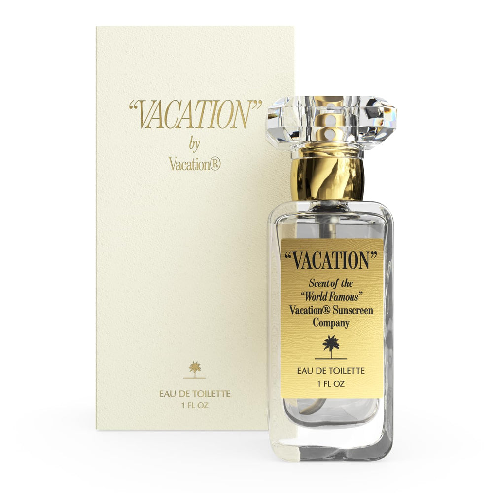 VACATION bottle front view showing sleek 1 oz bottle and sunlit vibe