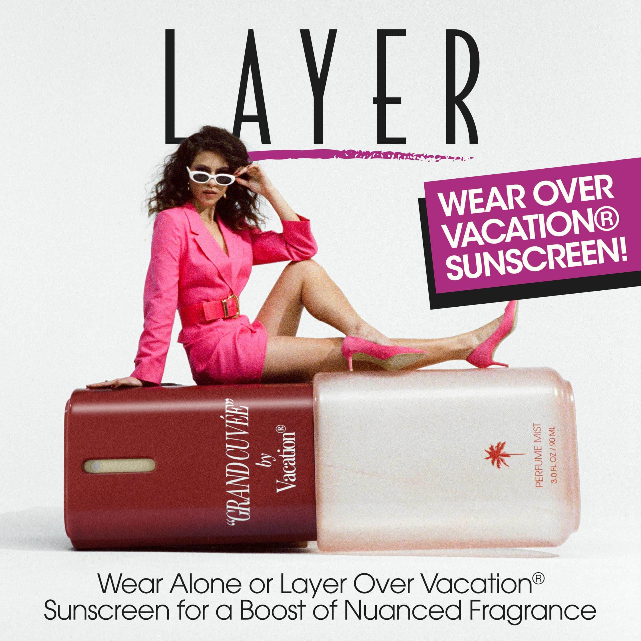VACATION size comparison next to sunglasses illustrating purse-friendly scale