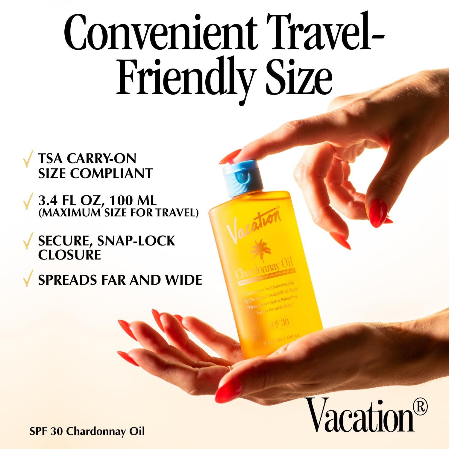 VACATION ingredients label highlighting chardonnay grape seed and nourishing oils benefit