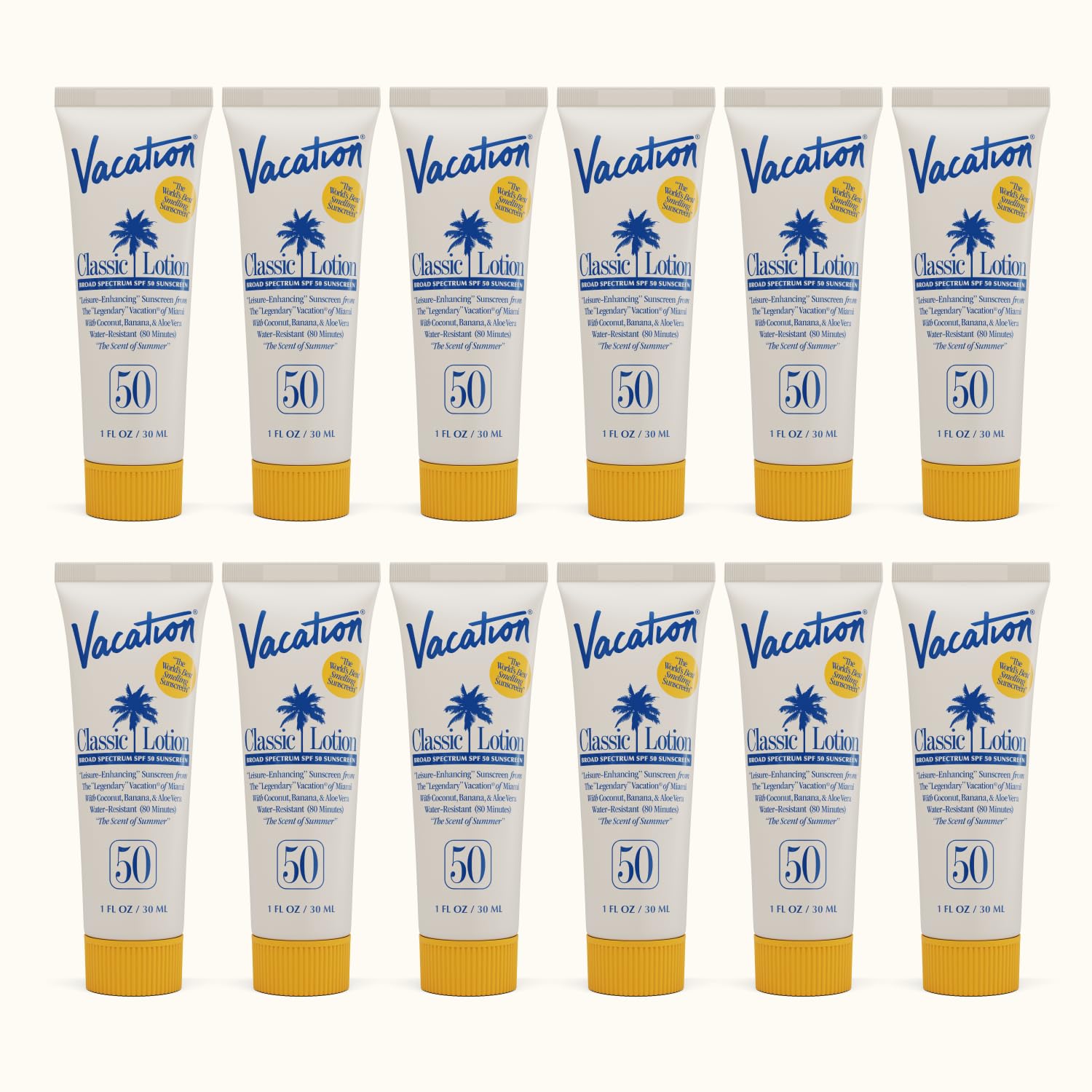VACATION mini classic front pack showing twelve 1oz tubes and SPF benefit