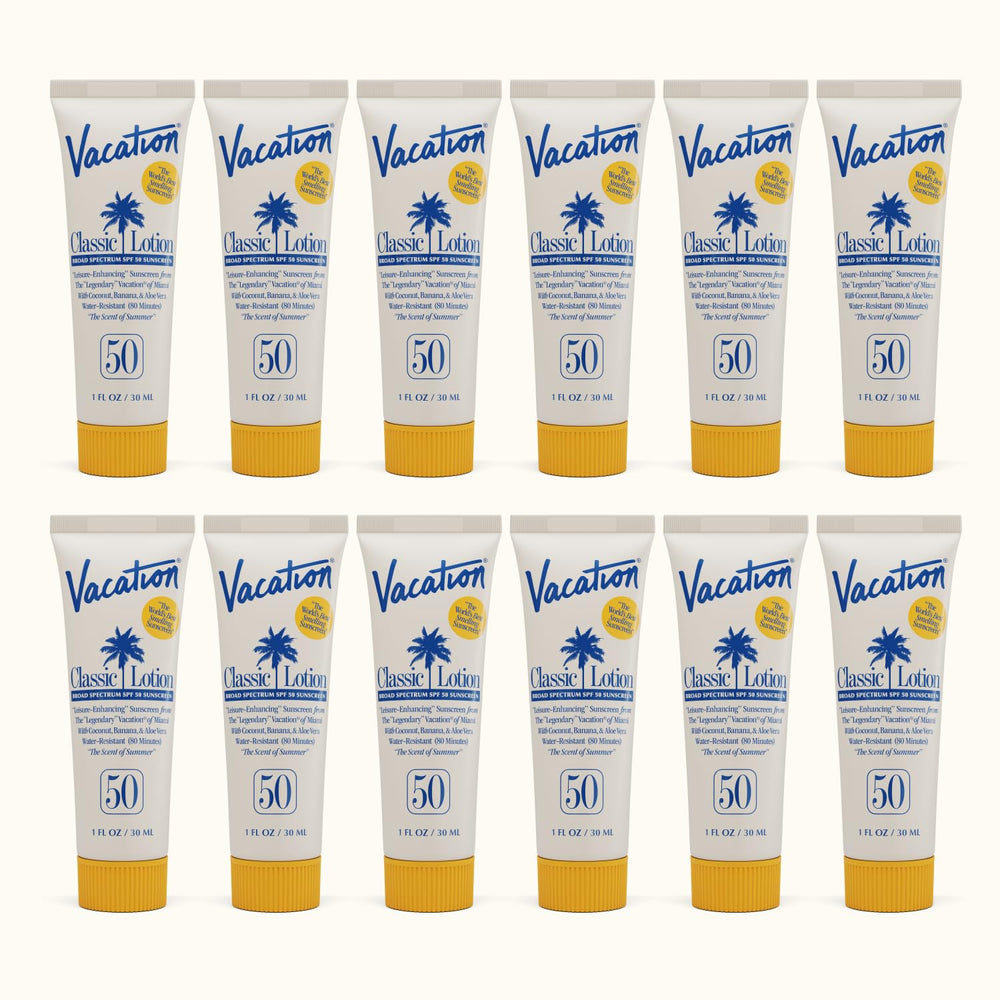 VACATION mini classic front pack showing twelve 1oz tubes and SPF benefit