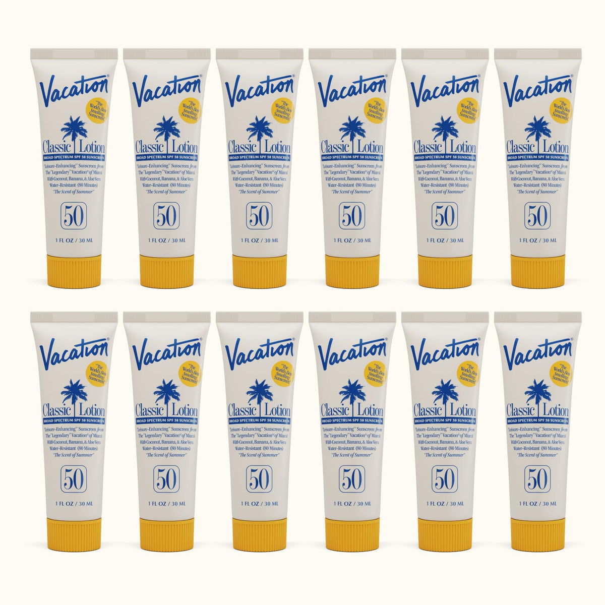 VACATION mini classic front pack showing twelve 1oz tubes and SPF benefit