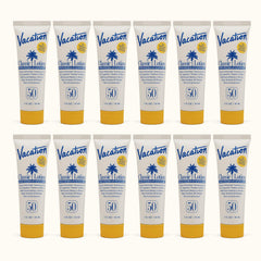 VACATION mini classic front pack showing twelve 1oz tubes and SPF benefit