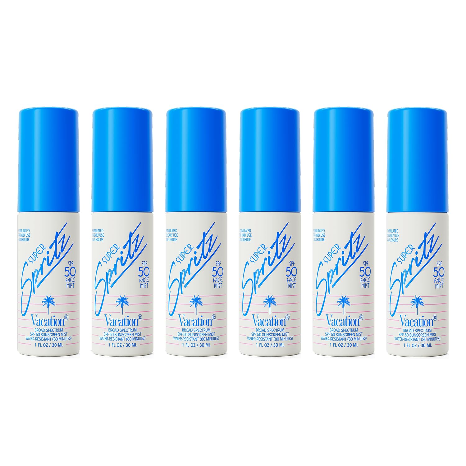VACATION front packaging showing six 1oz SPF 50 travel mists promoting portability