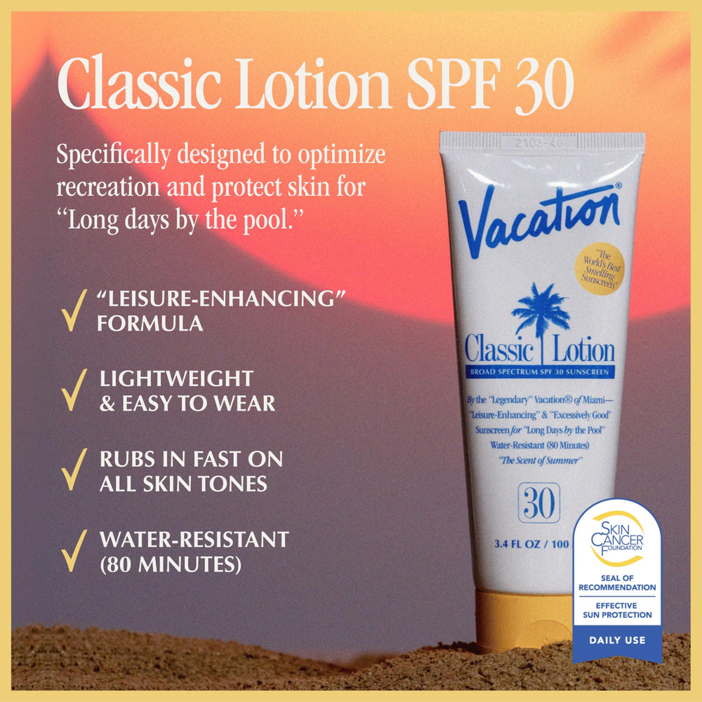 VACATION sunscreen lotion texture close-up demonstrating fast absorption
