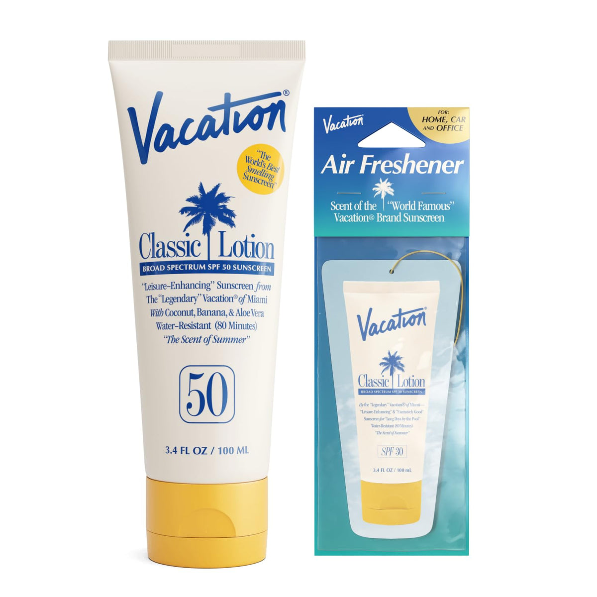 VACATION sunscreen front packaging shows SPF 50 protection and benefits