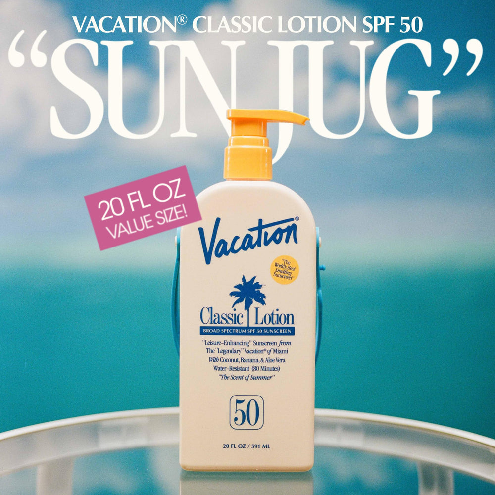 VACATION lotion texture close-up showing lightweight, quick-absorbing finish