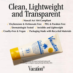 VACATION three-pack beside a ruler showing compact 3.4 fl oz travel size