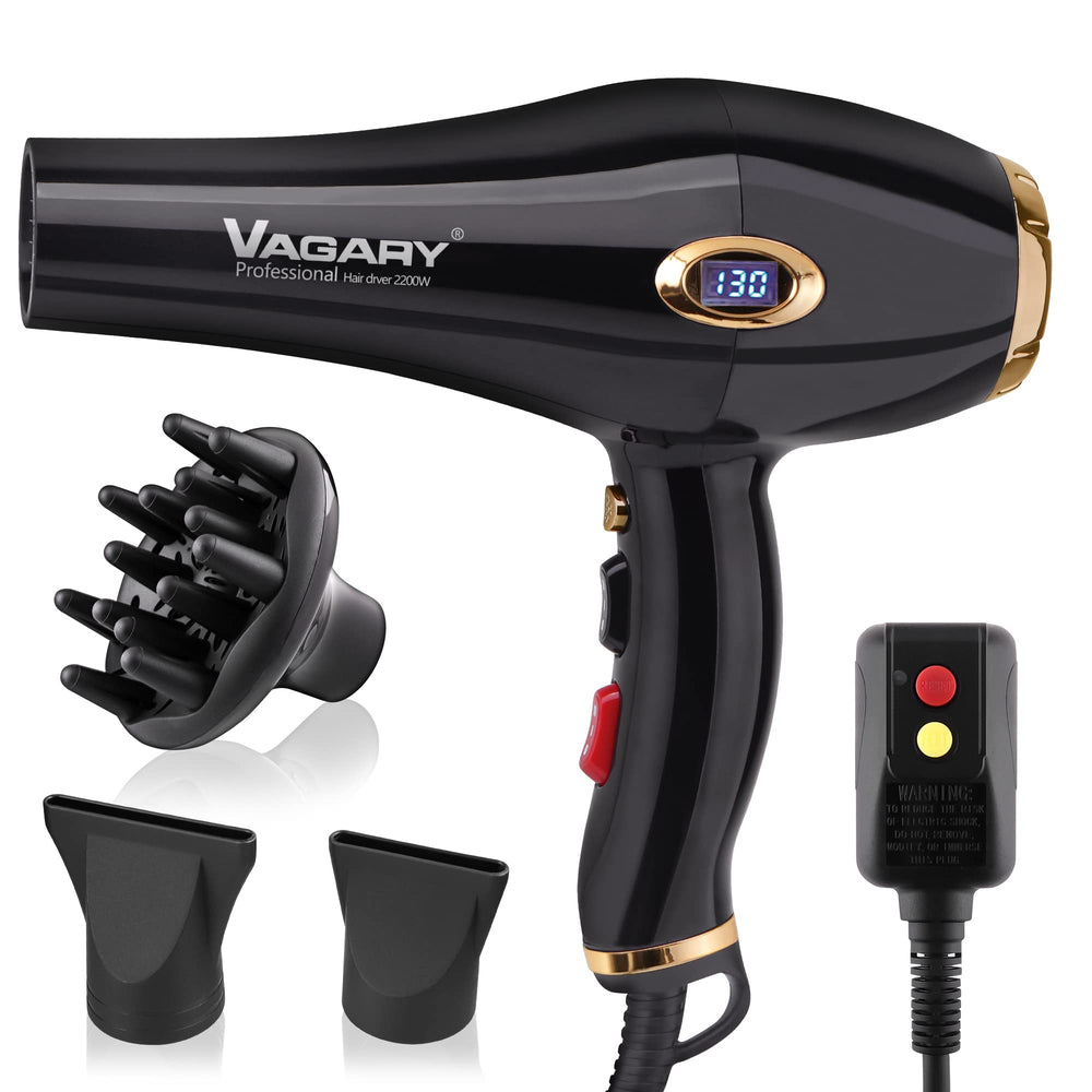 VAGARY gold dryer front view showing sleek design and ergonomic handle for easy styling