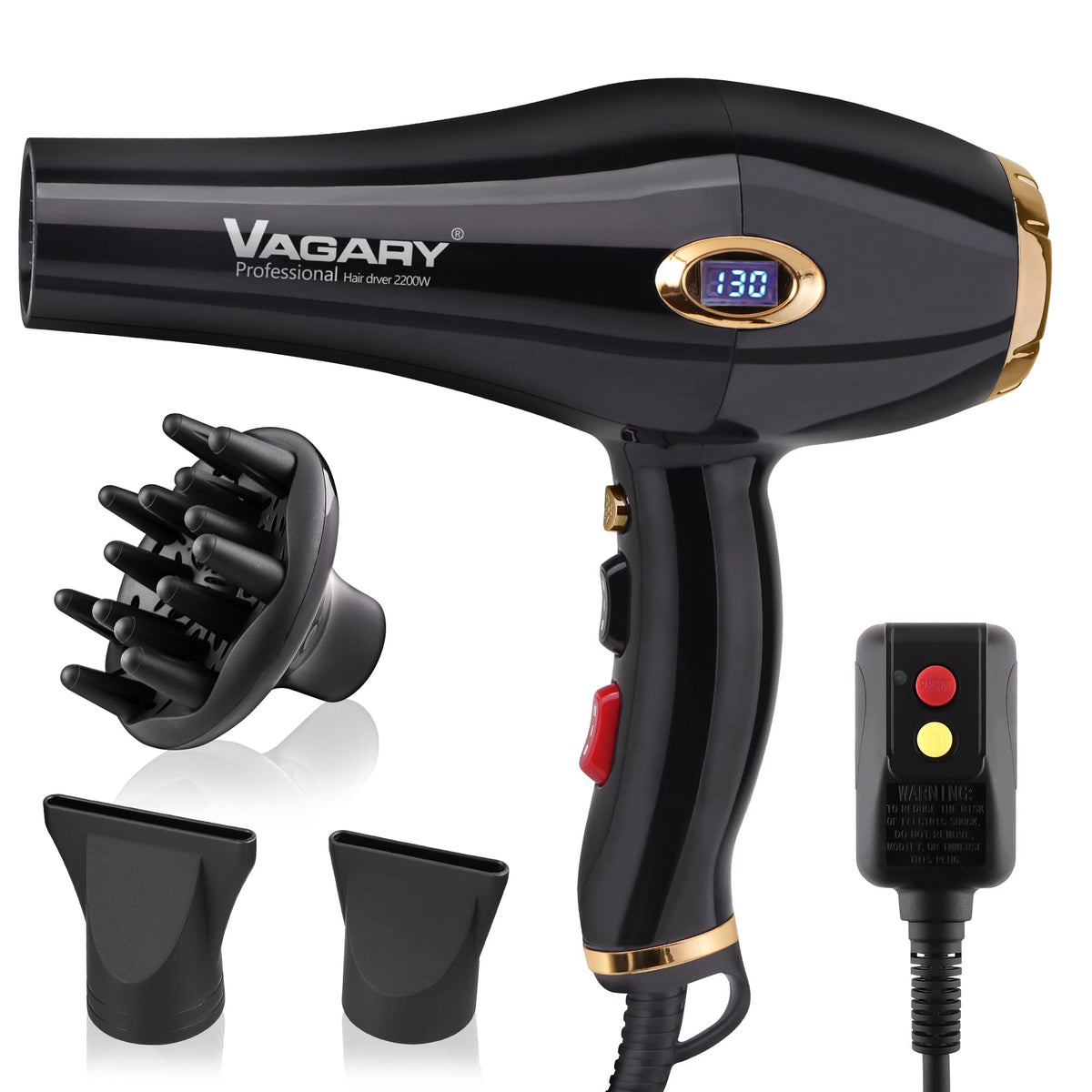 VAGARY gold dryer front view showing sleek design and ergonomic handle for easy styling
