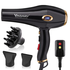 VAGARY gold dryer front view showing sleek design and ergonomic handle for easy styling