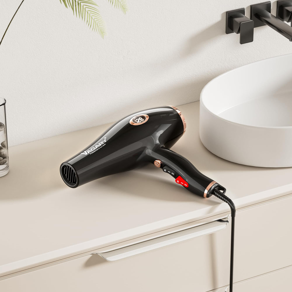 VAGARY dryer in a styling scene used by model to create a smooth, salon finish