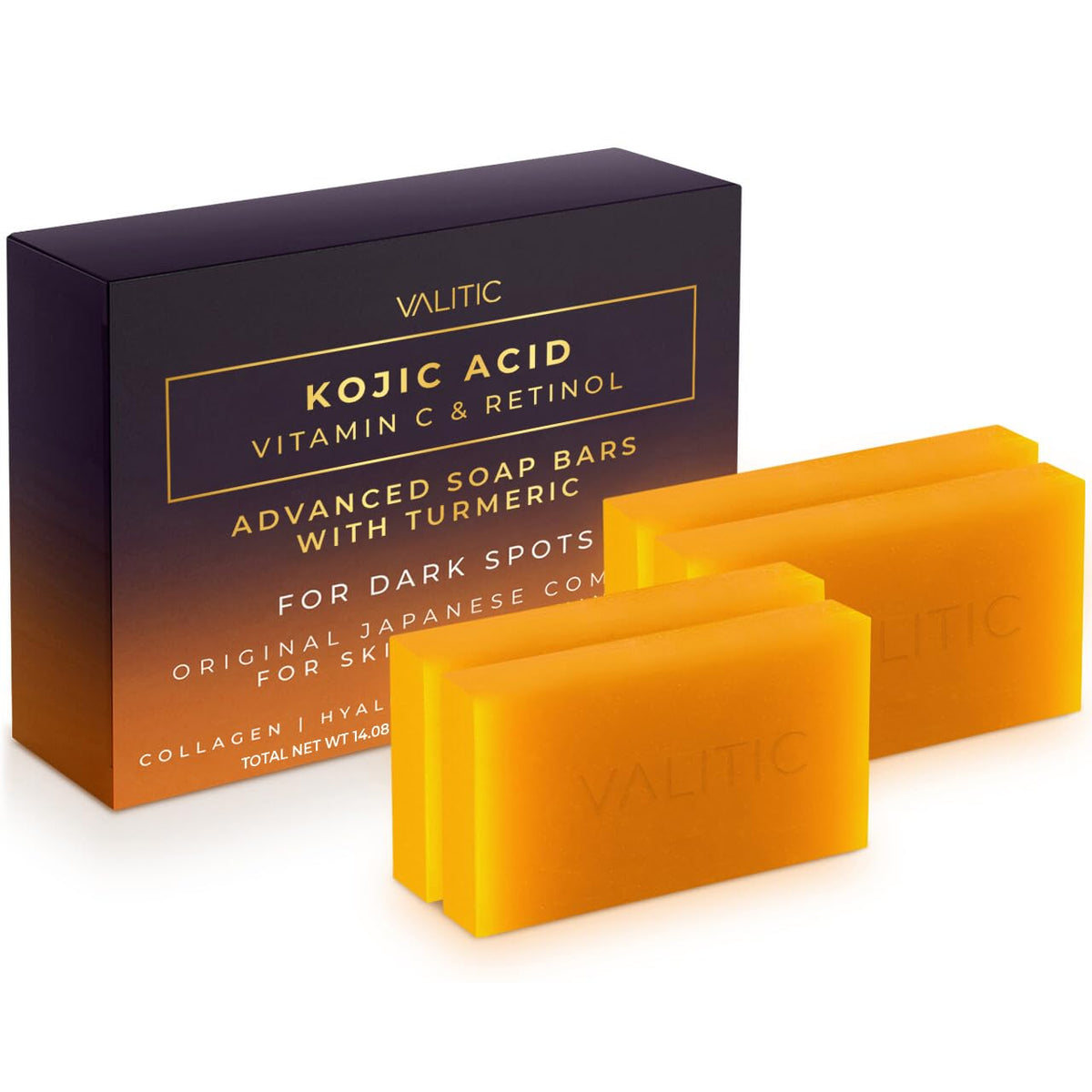VALITIC front packaging displaying four soap bars and product benefits