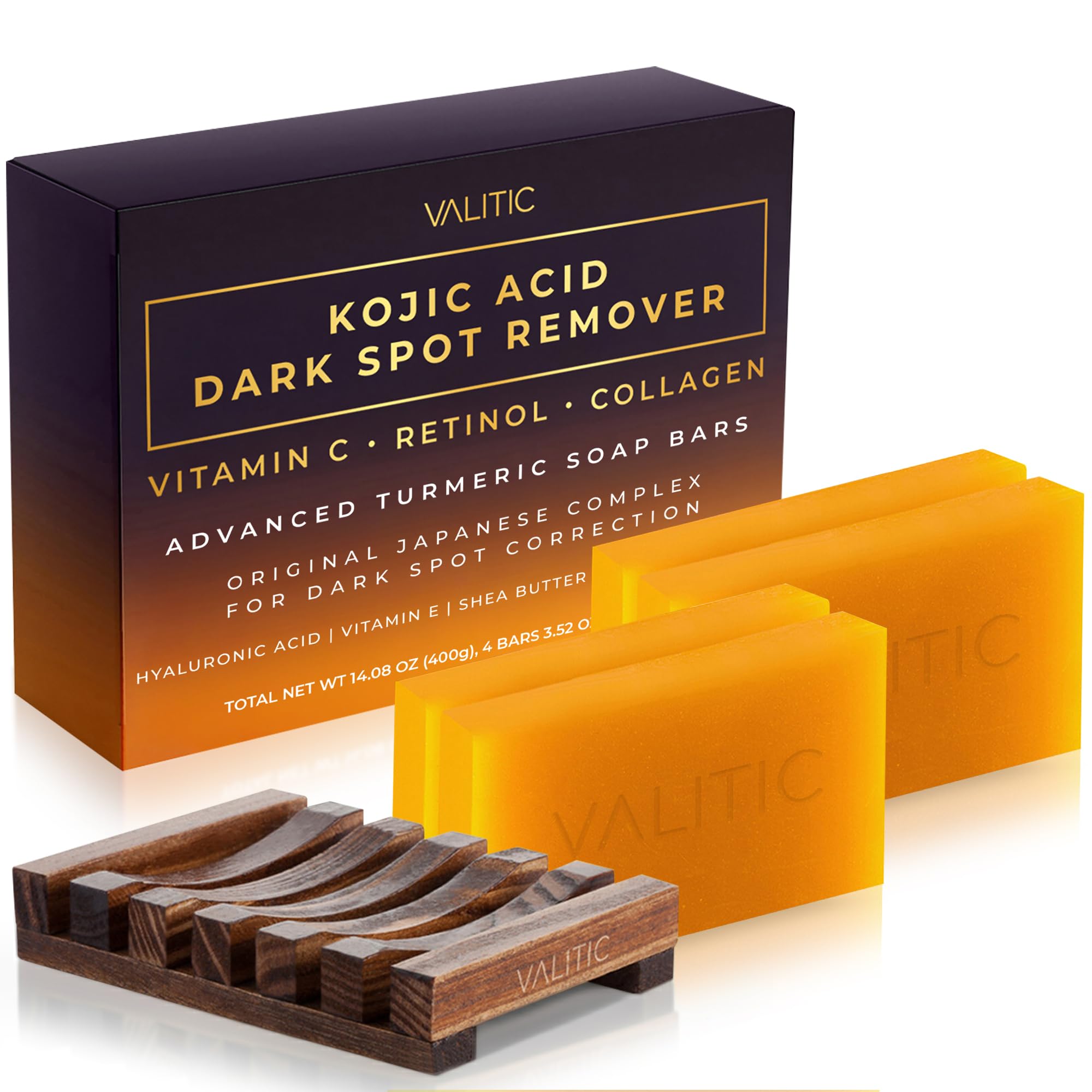 VALITIC front packaging showing four soap bars and product benefits