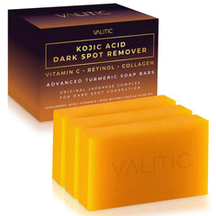 VALITIC front packaging of three turmeric kojic acid soap bars showing product benefits