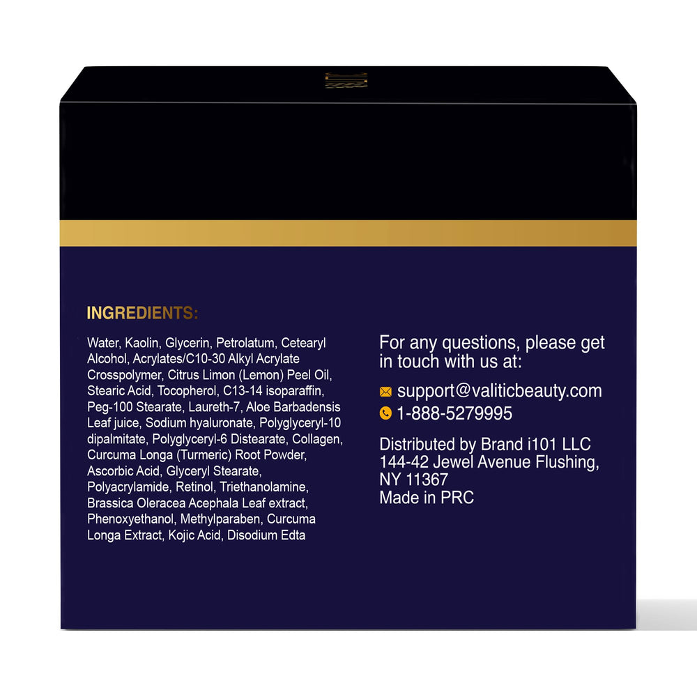 VALITIC label close-up highlighting turmeric and vitamin C, ingredient-focused brightening benefit