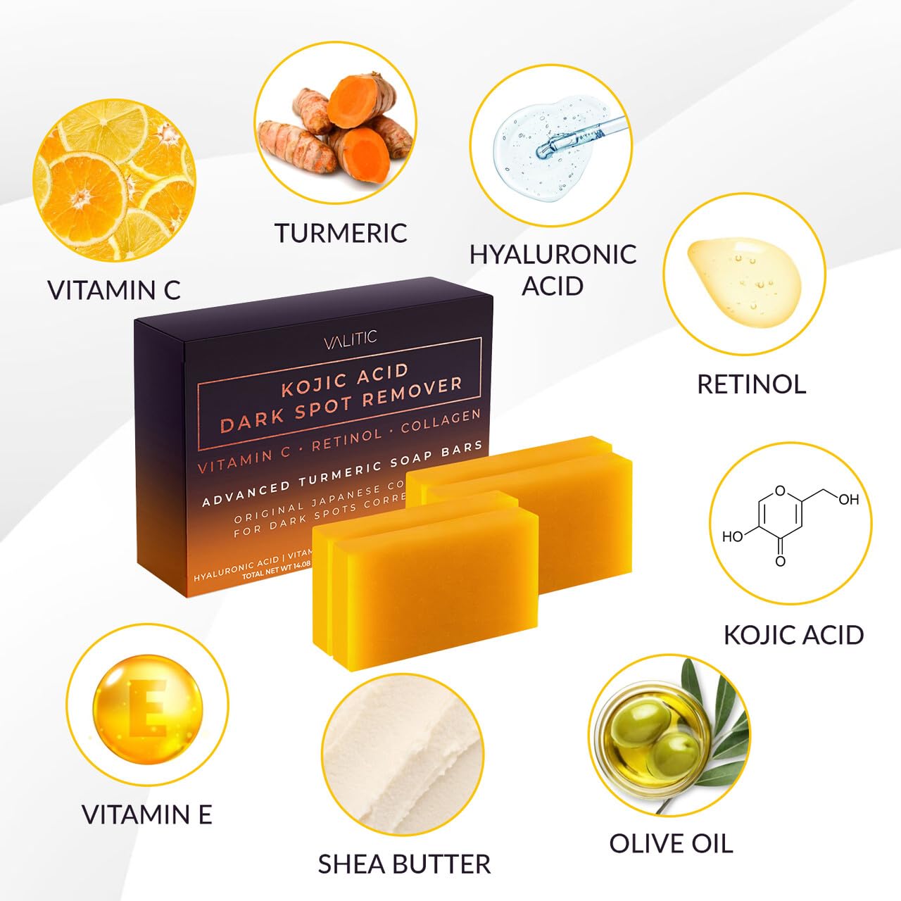 VALITIC ingredients display with turmeric and olive oil showing natural botanicals