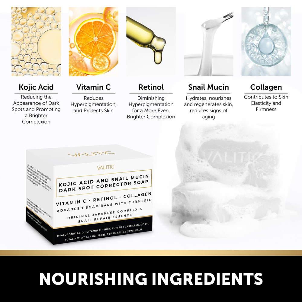VALITIC ingredients display showing snail mucin and kojic acid