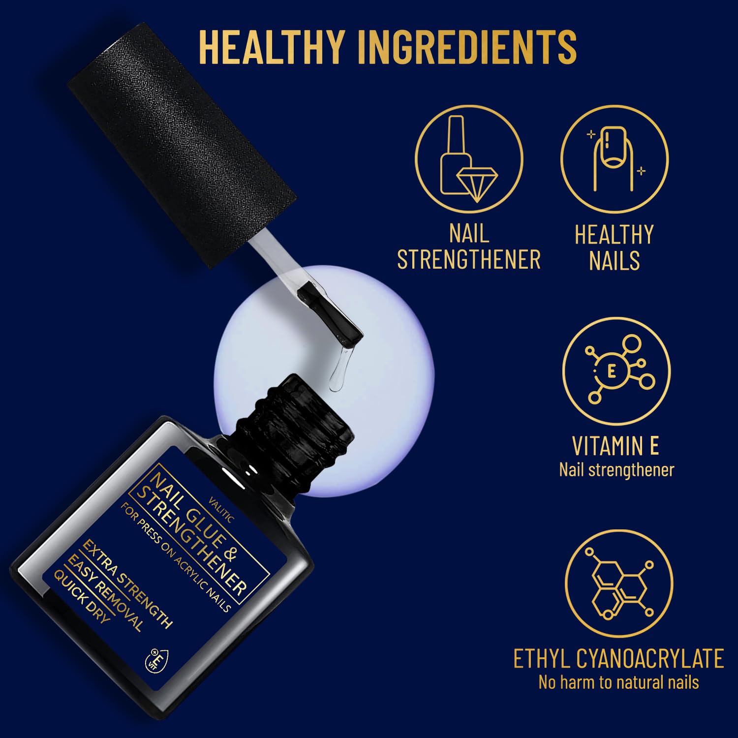 VALITIC glue applied to press-on in hand showing secure placement for instant manicure