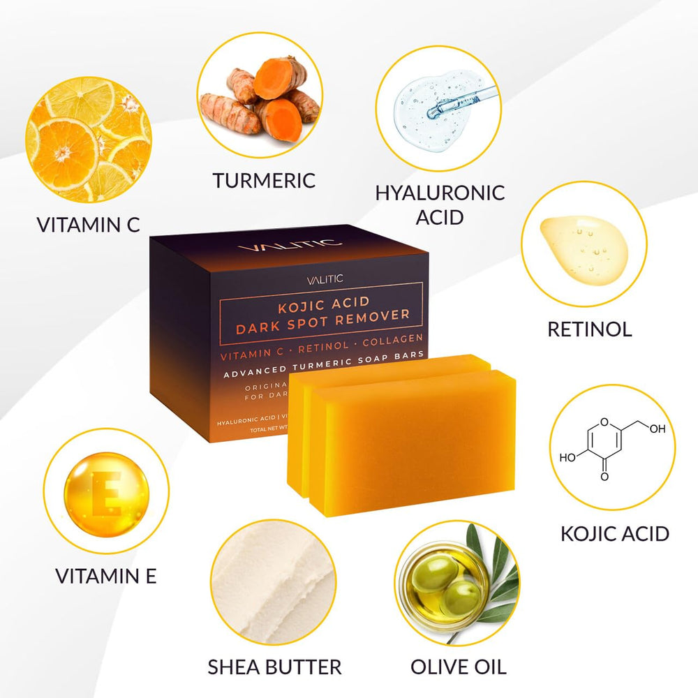 VALITIC turmeric root and ingredients displayed to show natural brighteners