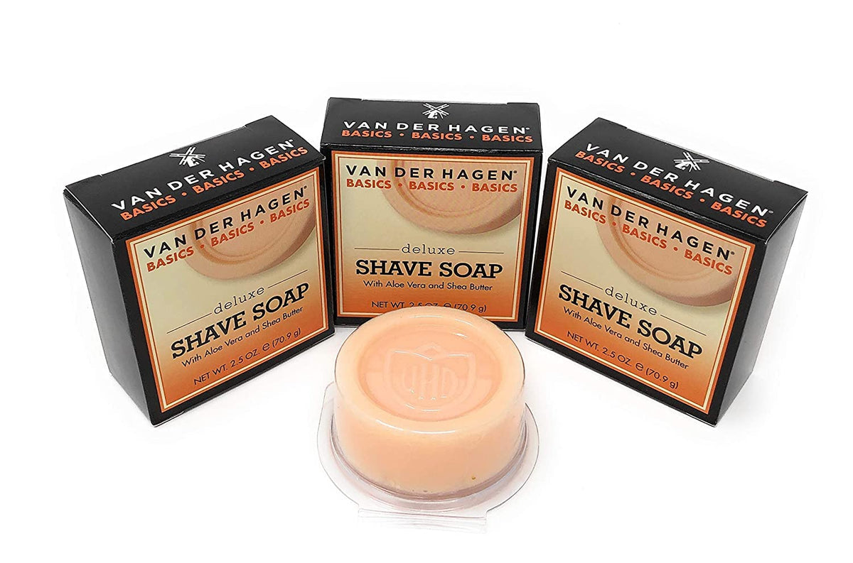 Van Der Hagen front packaging showing three compact shave soap pucks for convenience