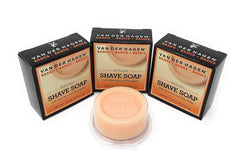 Van Der Hagen front packaging showing three compact shave soap pucks for convenience