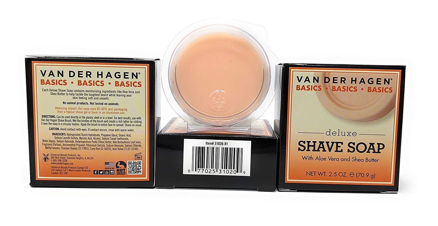 Van Der Hagen lather on face in use providing cushion and smooth razor glide
