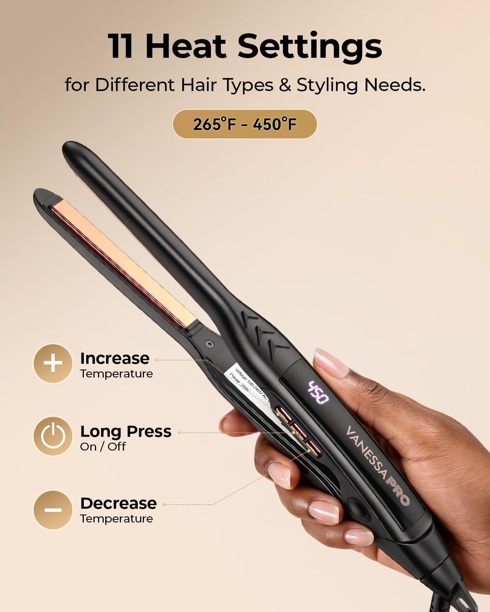 VANESSA PRO dual-voltage label demonstrating worldwide travel-ready benefit