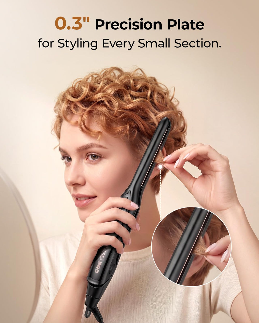 VANESSA PRO mini styler used on pixie cut for precise edge control benefit